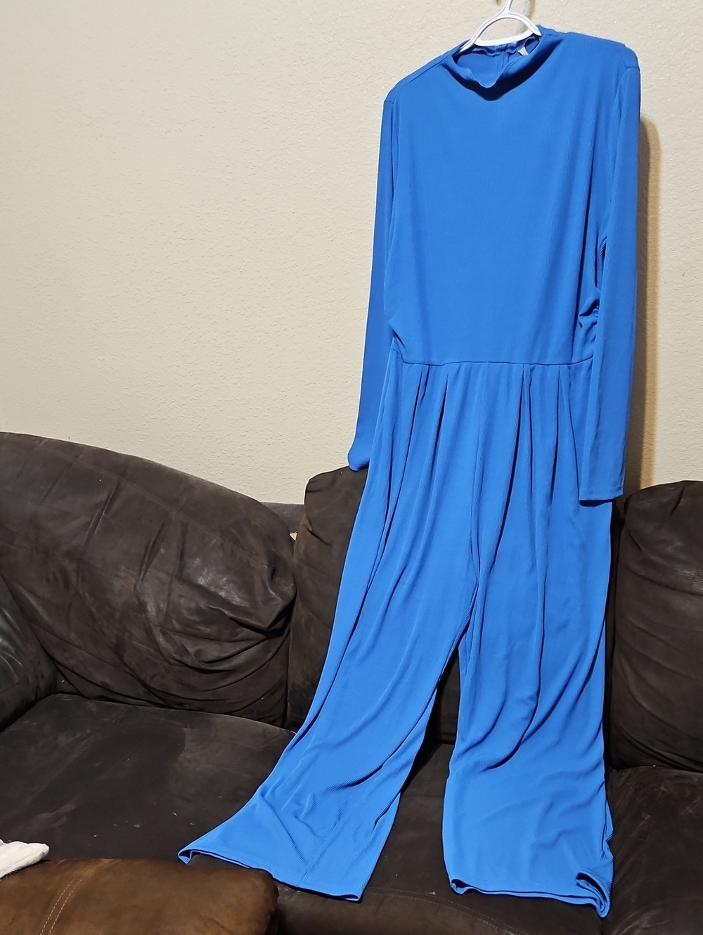 Relaxed Mock Neck Long-Sleeve Ribbed Royal Blue Long Sleeve Wide Leg Jumpsuit